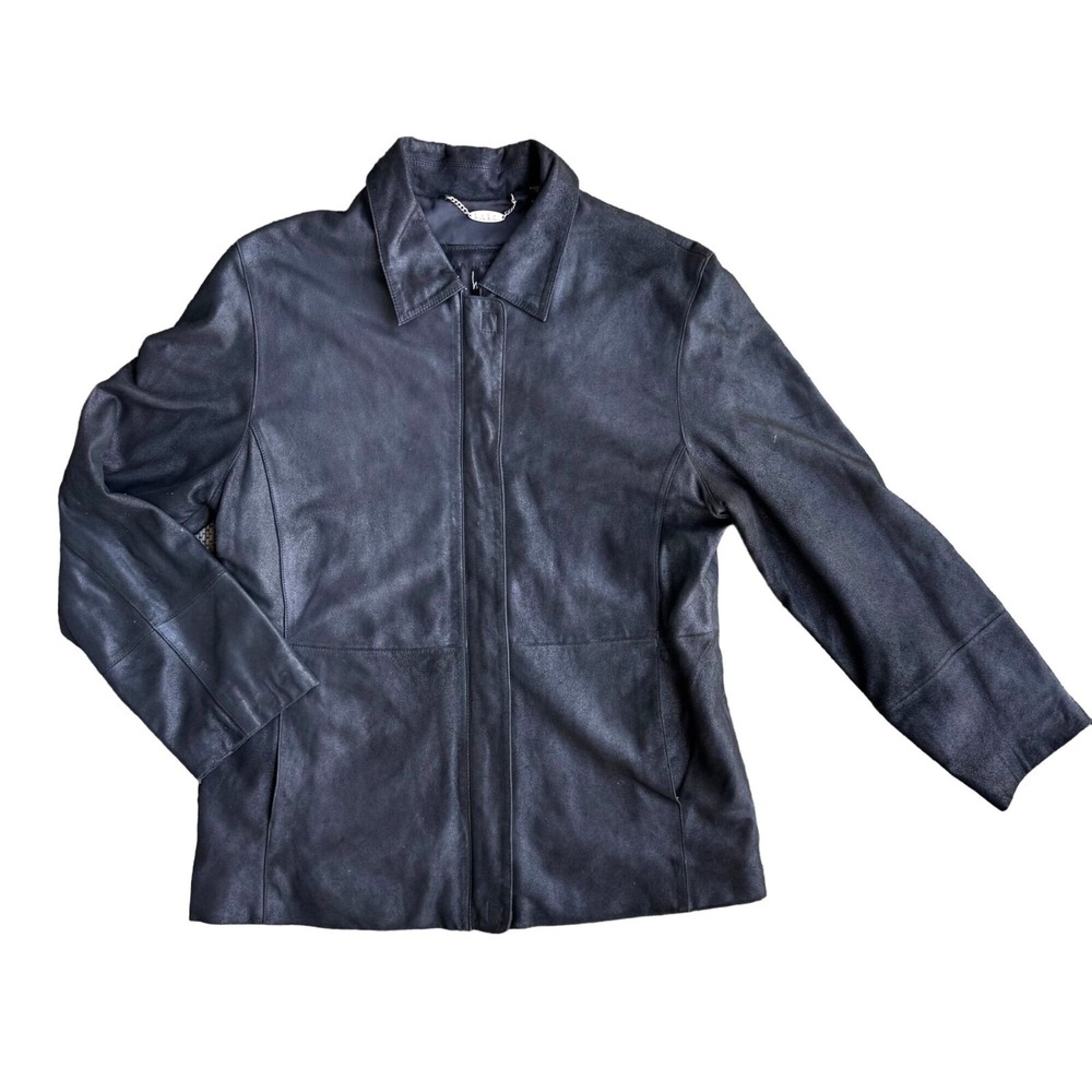 Nicole Miller New York Womens Black‎ Genuine Leather Zip Front Jacket L Metallic